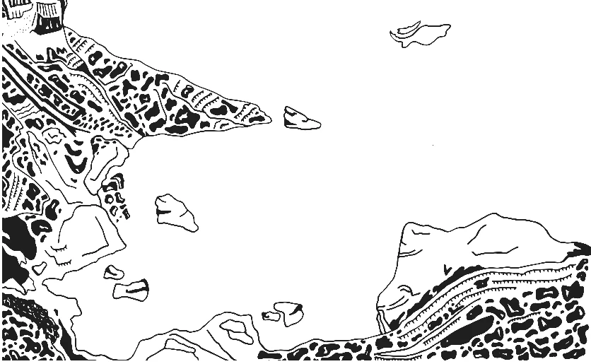 Black ink drawing of Amorgos: stone walls as solid black shapes, the coastline and terraces as contour lines