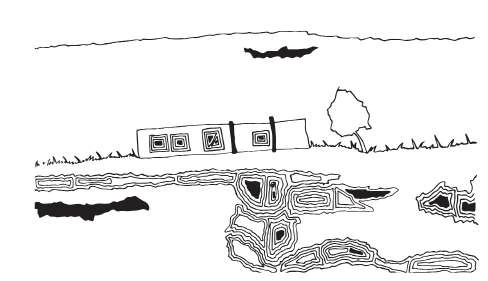 Line drawing of a low island house with patterned windows and a tree, above rocks drawn as contour lines