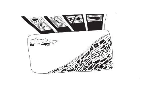 Line drawing of a view through a window: a hillside of stone walls under a patterned awning