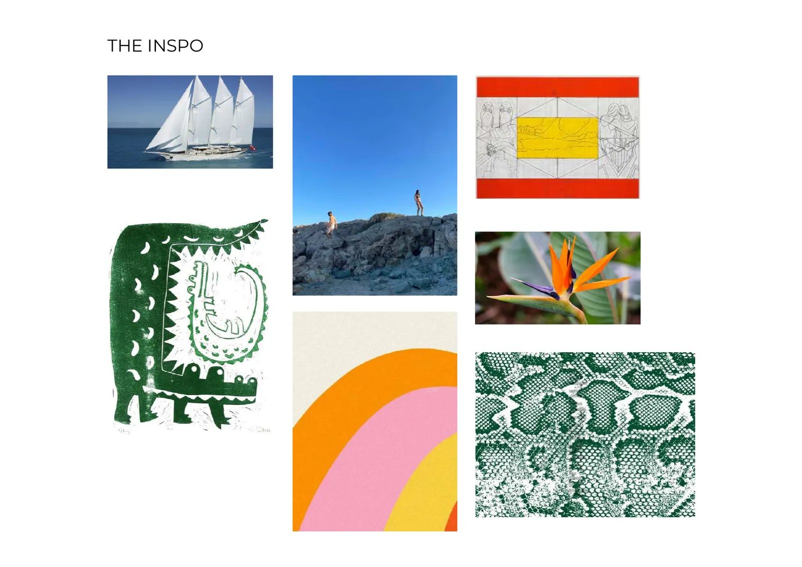 Moodboard: a three-masted sailing yacht, figures on coastal rocks, a red and yellow flag drawing, a bird of paradise flower, a green lino-cut crocodile, a pink and orange rainbow, and a green snakeskin texture