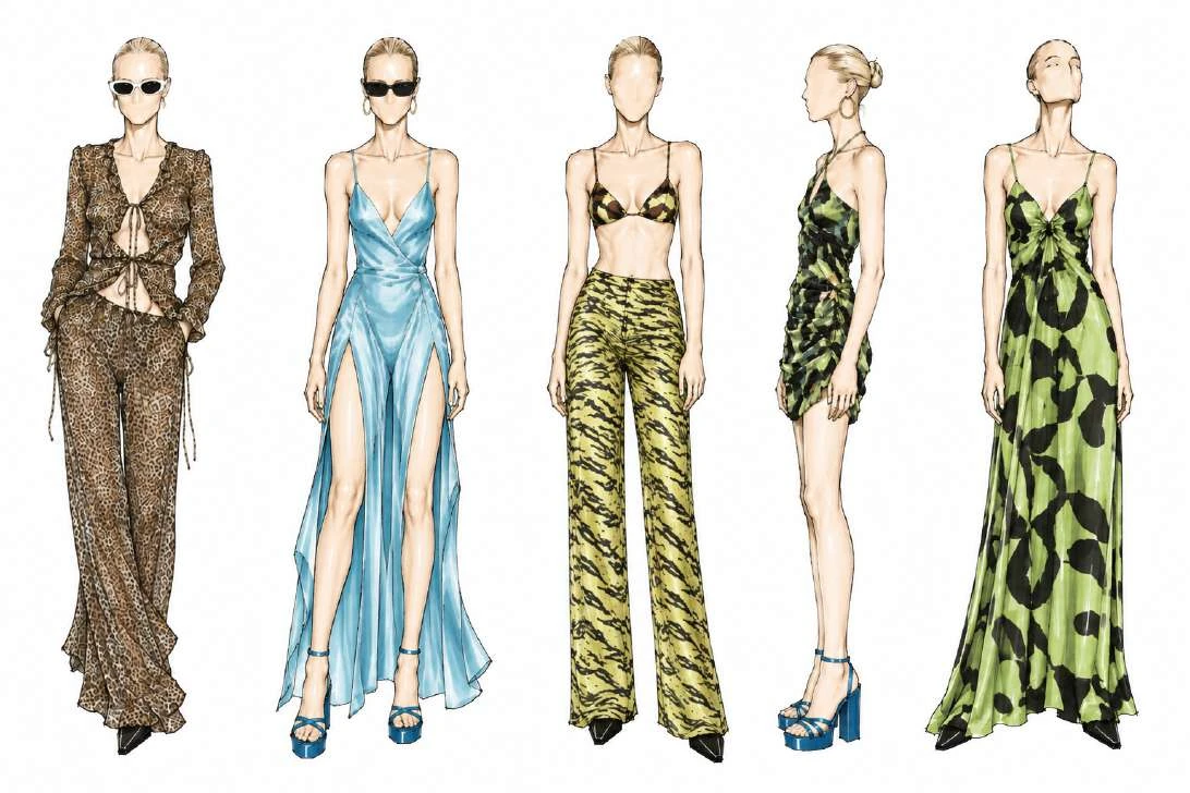 Illustrated line-up of five looks: a leopard-print tie-front top and trousers, a light blue satin slip dress with high slits, a yellow and black printed bikini top and trousers, a green printed ruched mini dress, and a green and black printed slip dress