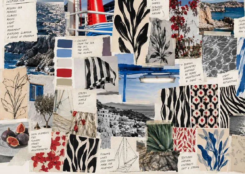 Moodboard: the Aegean sea, rocks and a ferry's red funnel and blue deck, a whitewashed village, figs, agave and bougainvillea, black and white seaweed, zebra and stripe print studies, red floral and geometric prints, and handwritten notes on colours from the sea, the sky, the ships and the islands