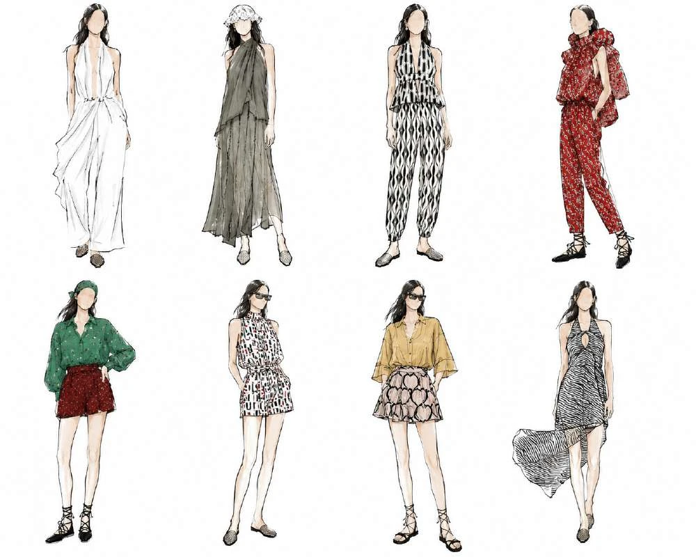 Illustrated line-up of eight looks: a white draped halter jumpsuit, an olive draped halter dress with a crochet headscarf, a black and white geometric-print halter top and tapered trousers, a red and white crescent-print ruffled top and trousers, a green printed shirt with dark red shorts, a red and black printed halter top and shorts, a mustard shirt with heart-print shorts, and a black and white zebra-stripe halter dress with an asymmetric hem