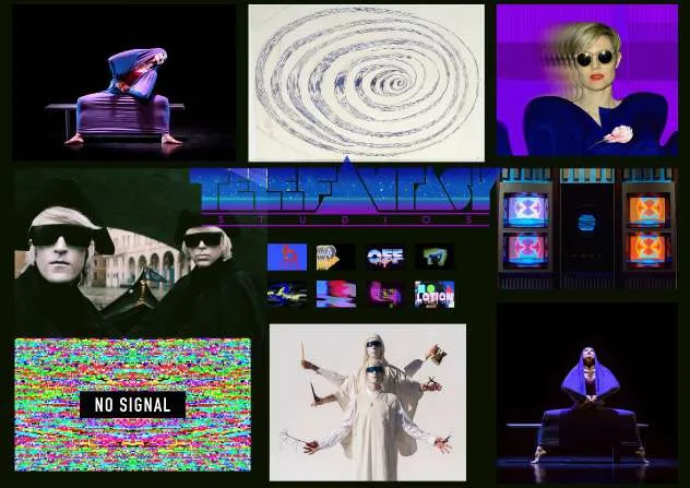 Moodboard on violet: glitching television test cards with the words No Signal, portraits in dark glasses, a spiral drawing and performers on a stage
