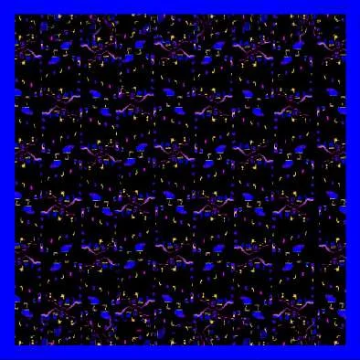 The Ellipsis scarf: small blue and violet marks in rows on navy, with a bright blue border