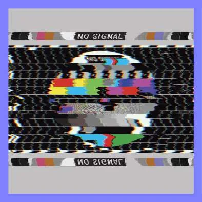The No Signal silk scarf: a television test-card image broken by glitch lines, with a lavender border
