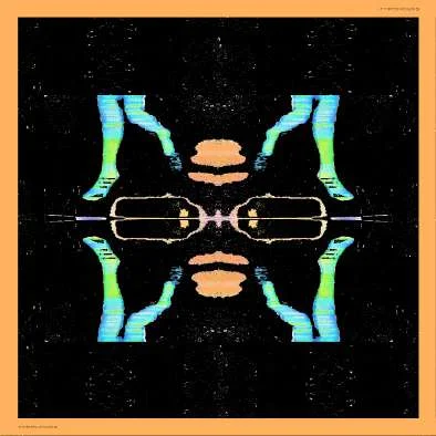 The Run scarf: a mirrored cyan and peach figure on black, with a peach border