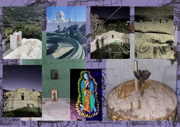 Inspiration collage on lavender: whitewashed chapels and domes, a mountain road, a ruined church at dusk, sand and rock surfaces, an icon of the Virgin of Guadalupe, and a candle stand with burnt-down candles