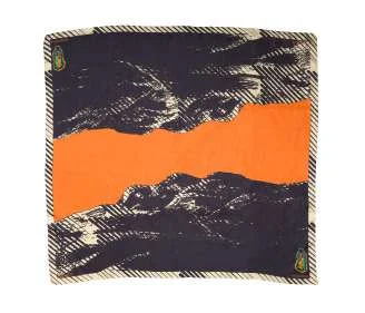 The Loupe scarf: an orange band between black mountain shapes, with a striped border