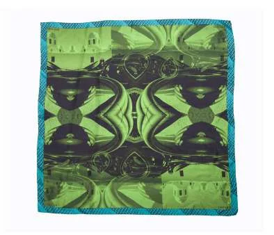 The Tires and Crosses scarf: a mirrored green and black abstract image, with a teal border