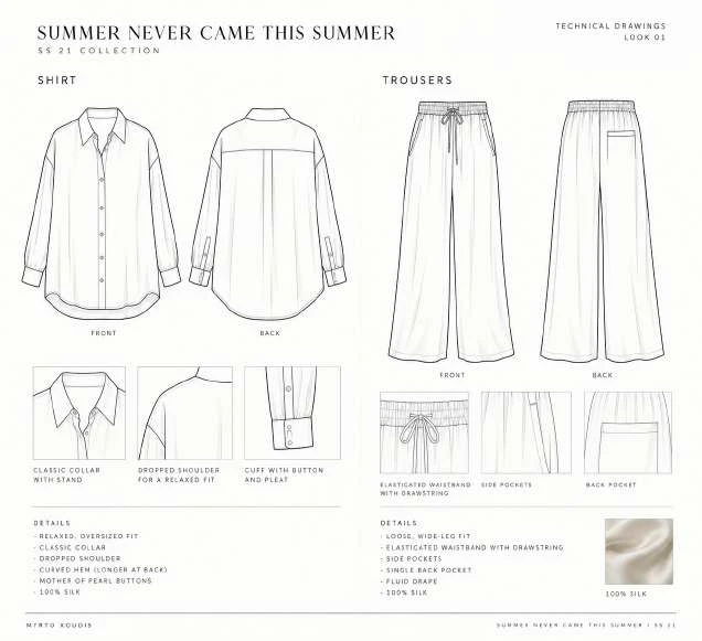 Technical drawings of look 01: an oversized shirt with a classic collar, dropped shoulders and a curved hem, and loose wide-leg trousers with an elasticated drawstring waist, front and back, with details of collar, shoulder, cuff, waistband and pockets