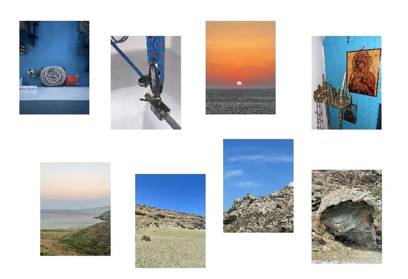 Eight island photographs: a coiled rope by a blue door, fishing tackle, a sunset over the sea, an icon on a blue wall, a hazy coast, a dry hillside, a rocky summit and a sea cave