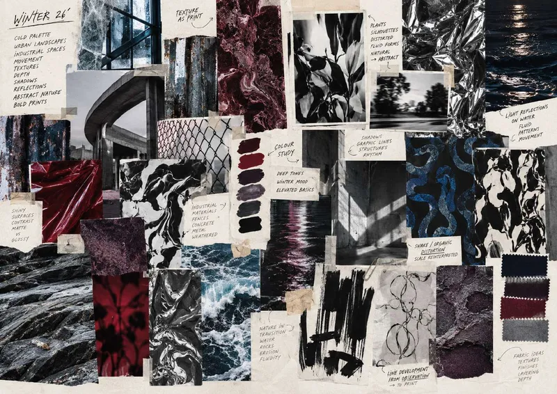 Moodboard titled Winter 26: concrete overpasses, a chain-link fence, rusted metal, rocks and dark sea, burgundy and black marbled and crumpled textures, silver foil, black and white plant silhouettes, blue snake-like print studies, a colour study from burgundy to black, and fabric swatches in navy, plum, burgundy and grey