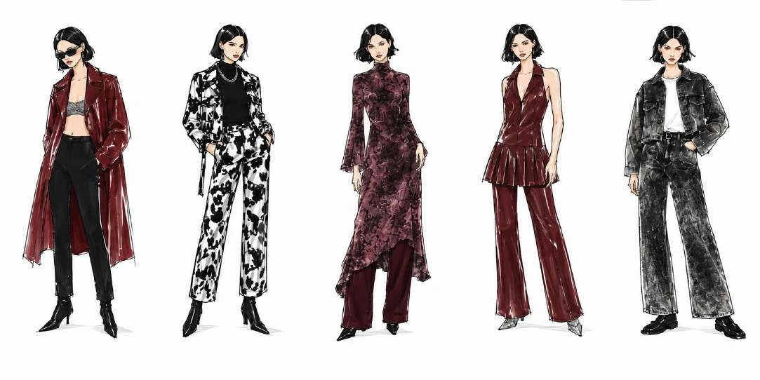 Illustrated line-up of five looks: a burgundy patent trench coat over a silver bandeau and black trousers, a black and white abstract-print jacket and trousers over a black top, a plum and black high-neck dress with flared sleeves and an asymmetric hem over burgundy trousers, a burgundy halter top with a pleated peplum and wide patent trousers, and a grey acid-wash denim jacket and wide jeans over a white T-shirt